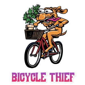 Cartoon dog riding a bicycle with plants.